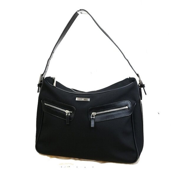 GUCCI Logo Double Pockets Shoulder Bag Nylon Leather Black SHW Italy - Picture 1 of 14